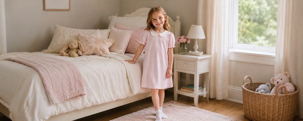 Light pink bamboo girls nightgown with white Peter Pan collar, short ruffle sleeves and relaxed A-line silhouette