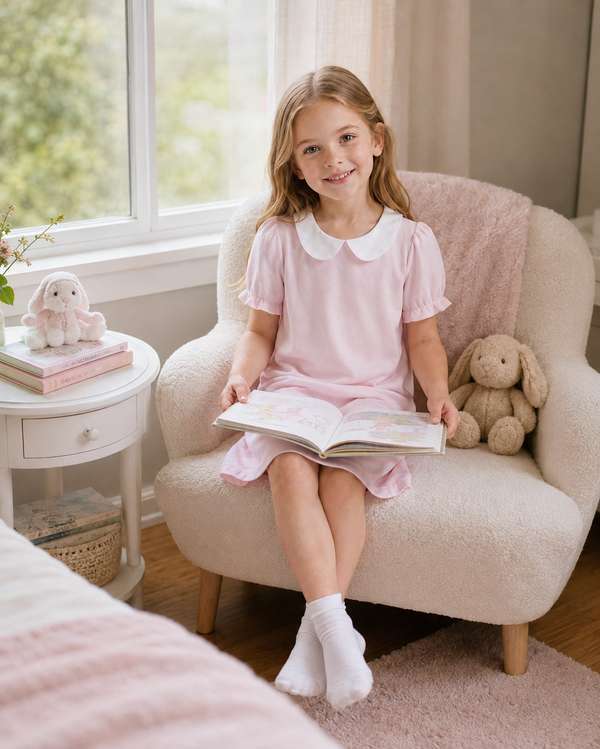 Girls bamboo nightgown detail showing soft knit fabric, contrast Peter Pan collar and gathered ruffle sleeves