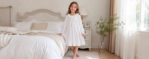 White cotton girls nightgown with ruffle collar, gathered front, long sleeves and flowing A-line silhouette