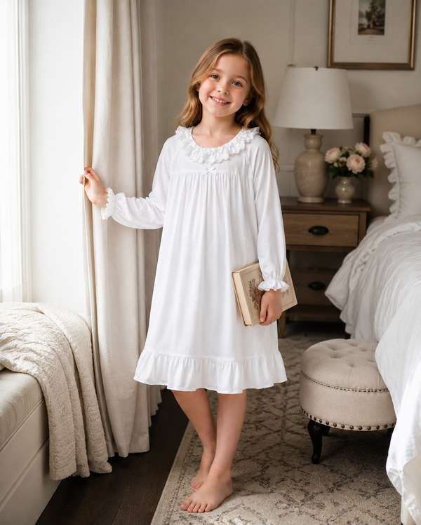 Girls cotton nightgown detail showing layered ruffle neckline, gathered yoke, bow accent and soft knit fabric