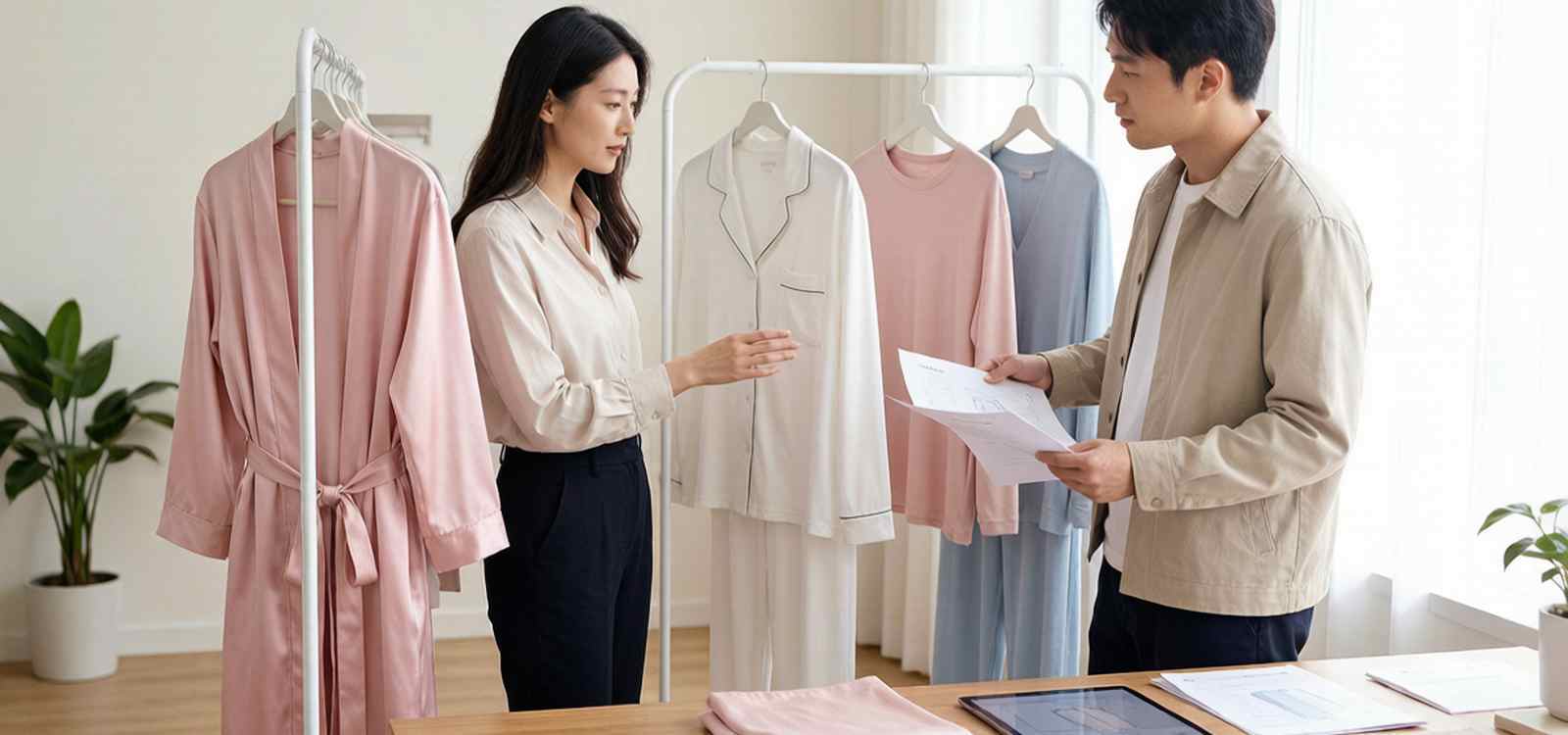 Sleepwear brand reviewing pajama samples and fabrics with a custom pajama manufacturer