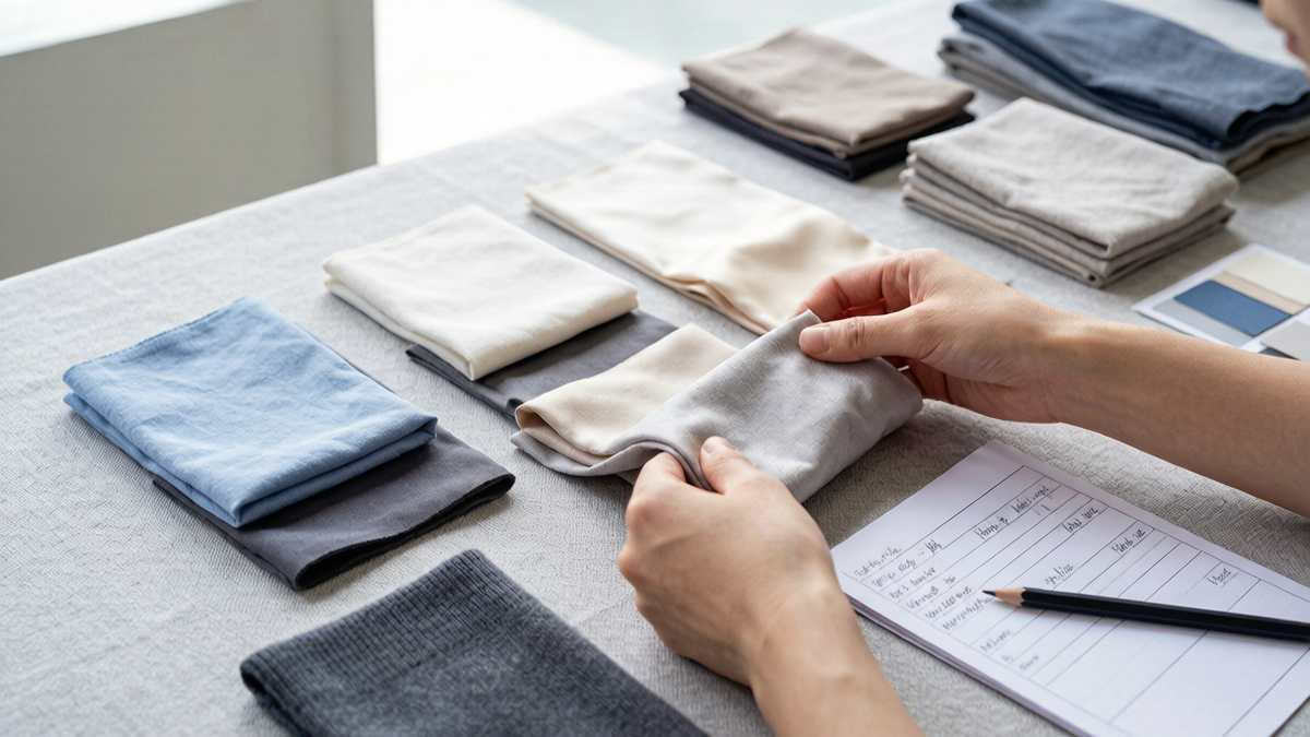 Pajama manufacturer comparing cotton modal viscose and satin fabrics for sleepwear development