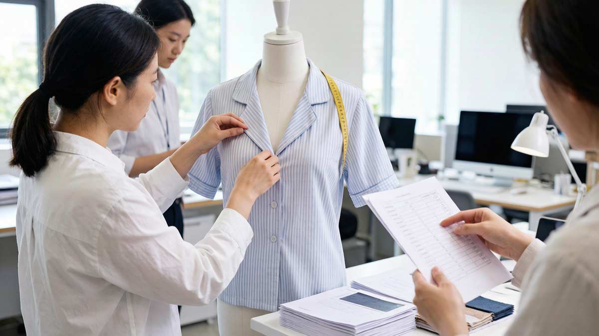 Custom pajama sample undergoing fit and measurement review before bulk production