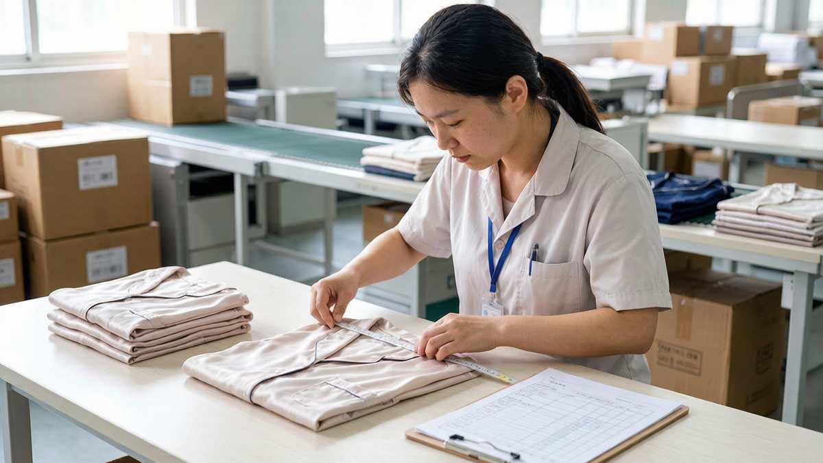 Quality inspector checking measurements on finished pajamas before packing and shipment