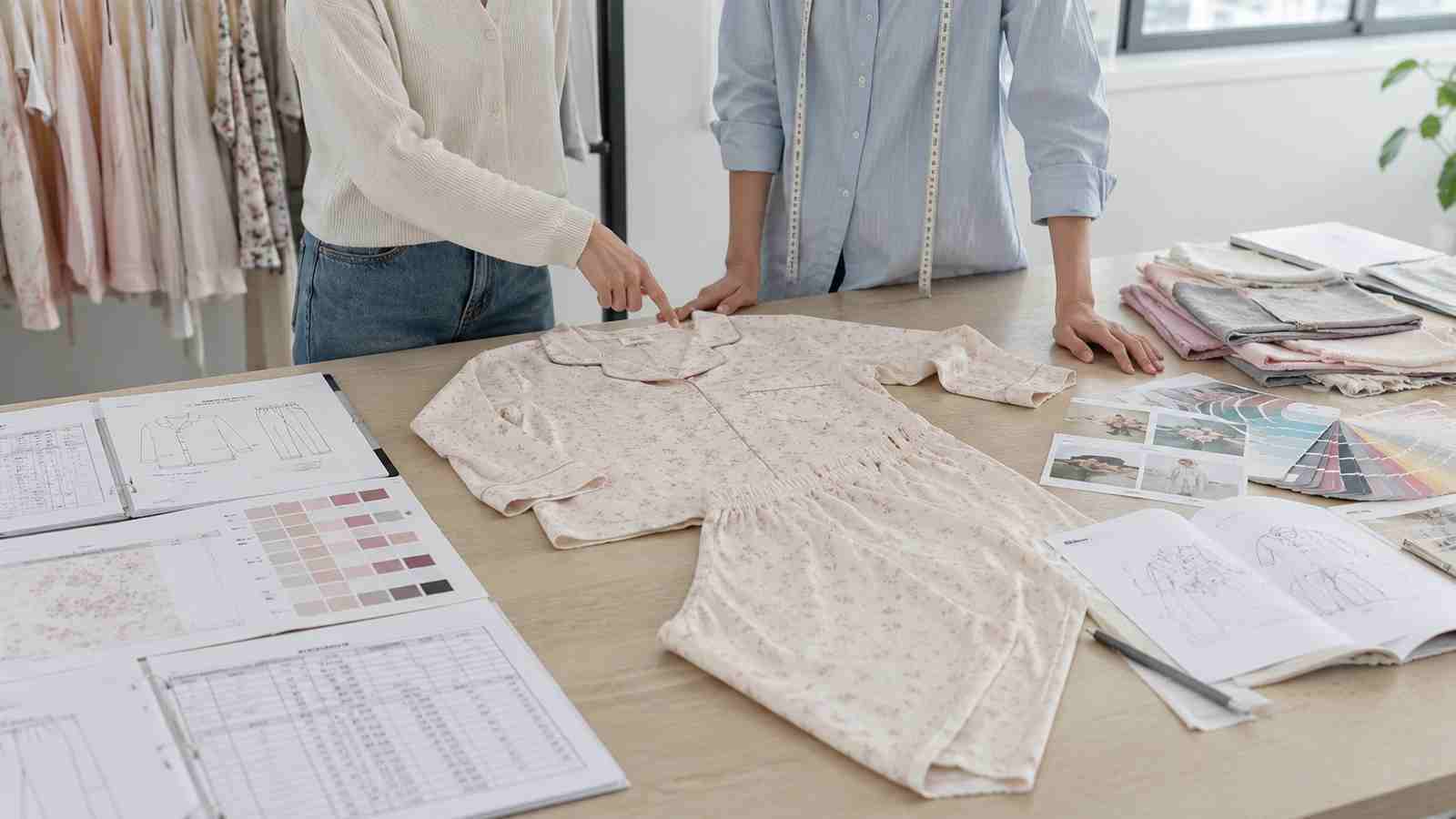 OEM and ODM sleepwear development compared with pajama tech pack fabric swatches and garment samples