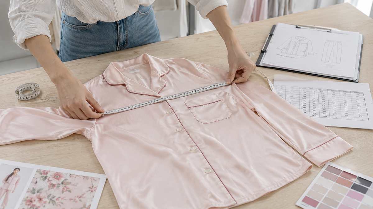 OEM pajama manufacturer checking garment sample measurements against a brand tech pack