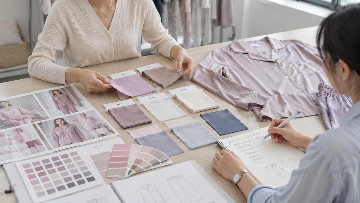 ODM sleepwear development team comparing fabrics and pajama samples from an initial brand concept
