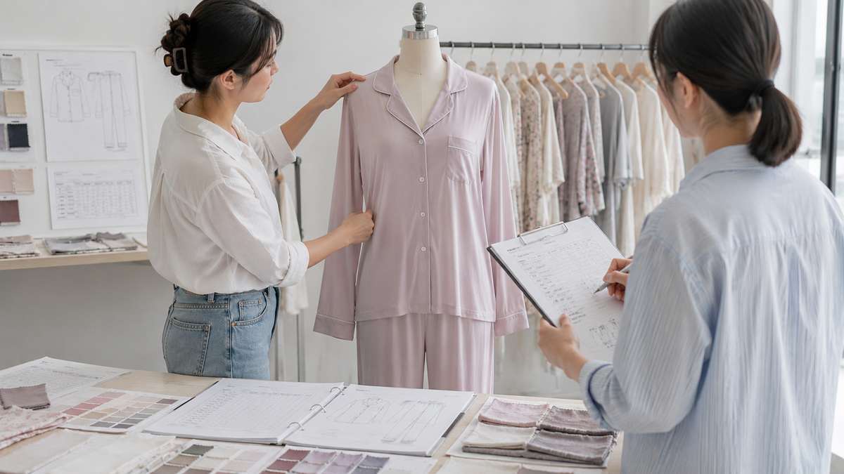 Custom sleepwear sample undergoing fit measurement and construction review before approval