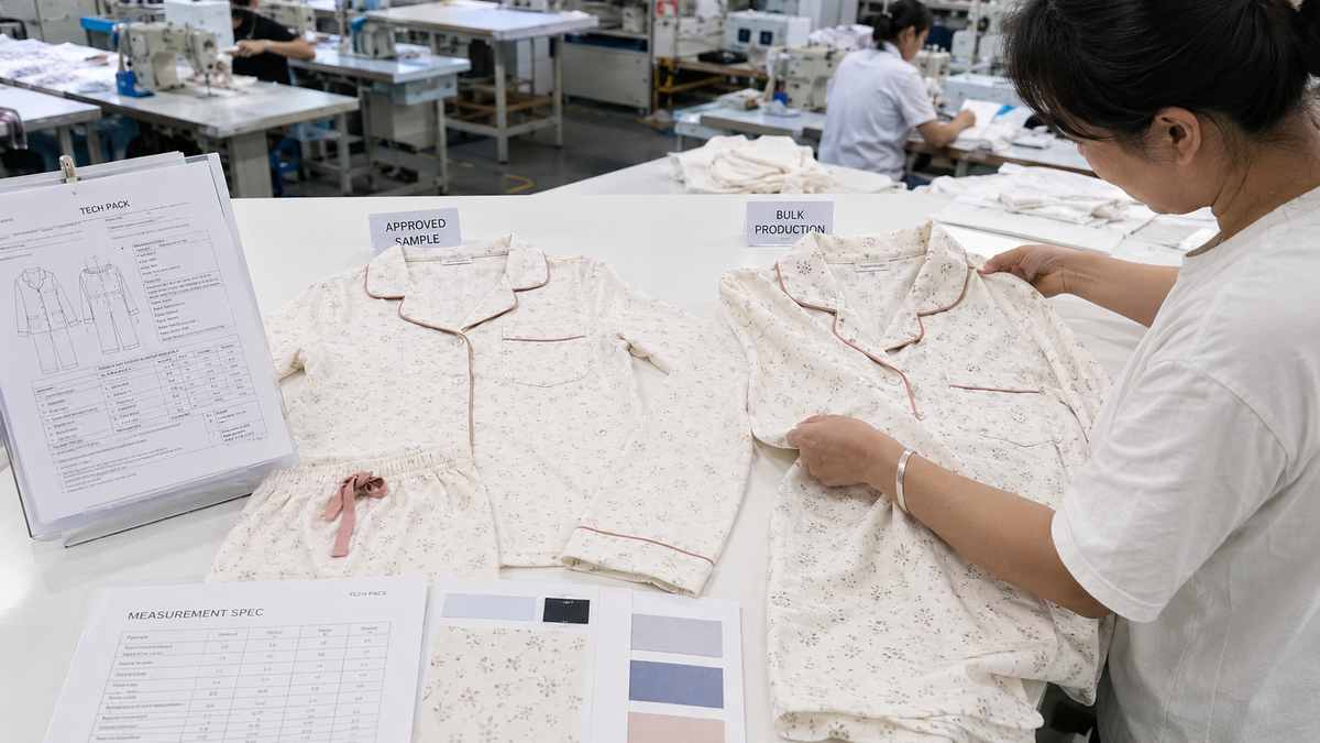 Sleepwear manufacturer comparing bulk pajamas with an approved sample before final production