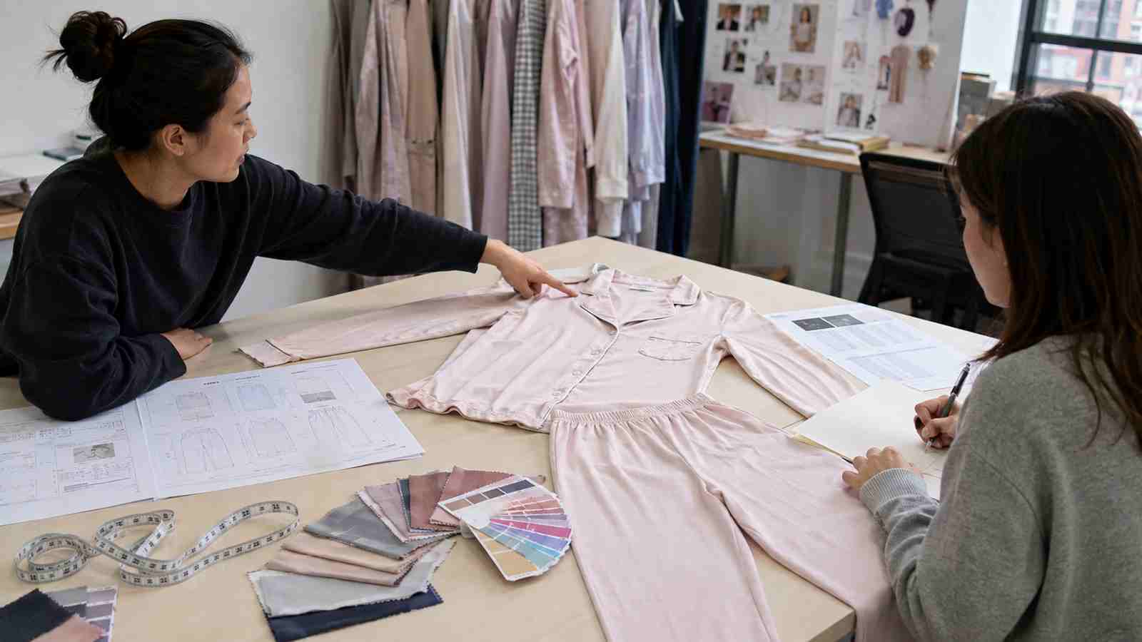 Custom pajama sampling process with tech pack fabric swatches measurements and garment sample review
