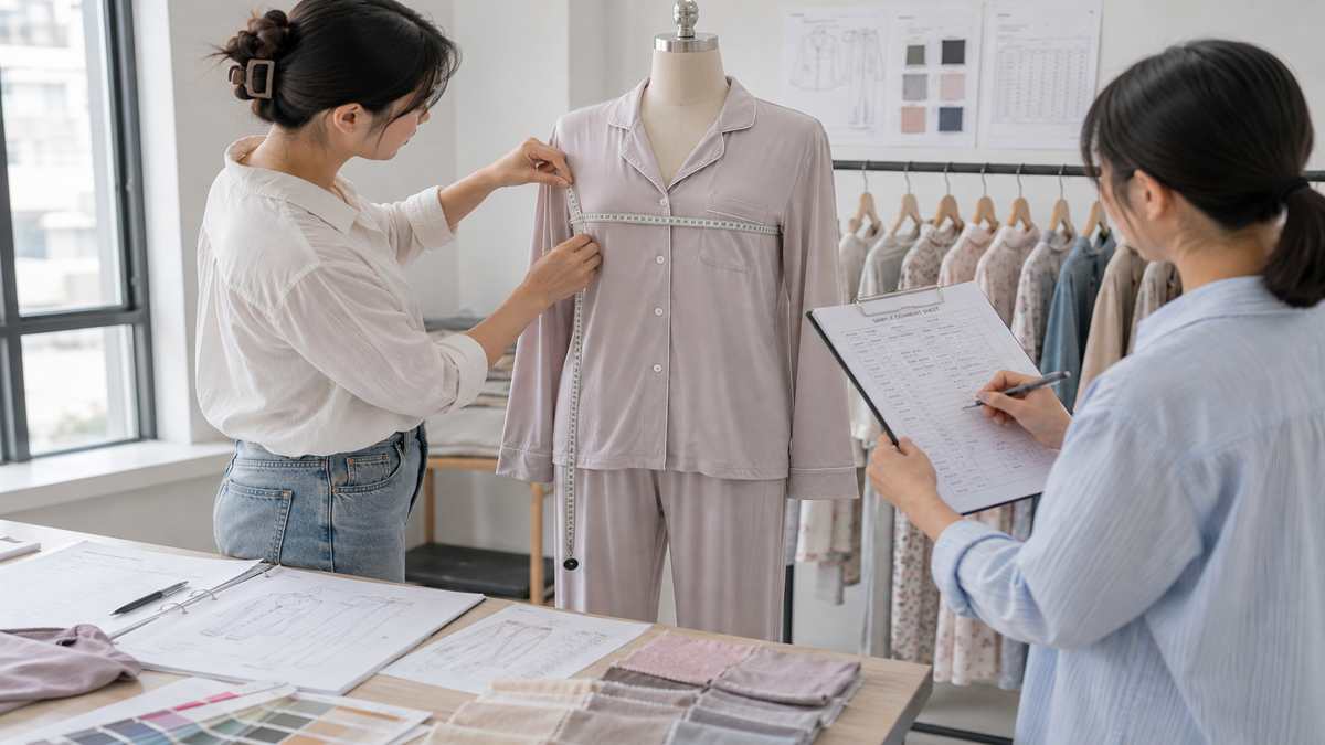 Custom pajama first sample undergoing fit and measurement review during product development
