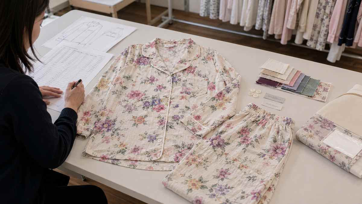 Final pajama sample reviewed with approved fabric trims measurements and labels before bulk production