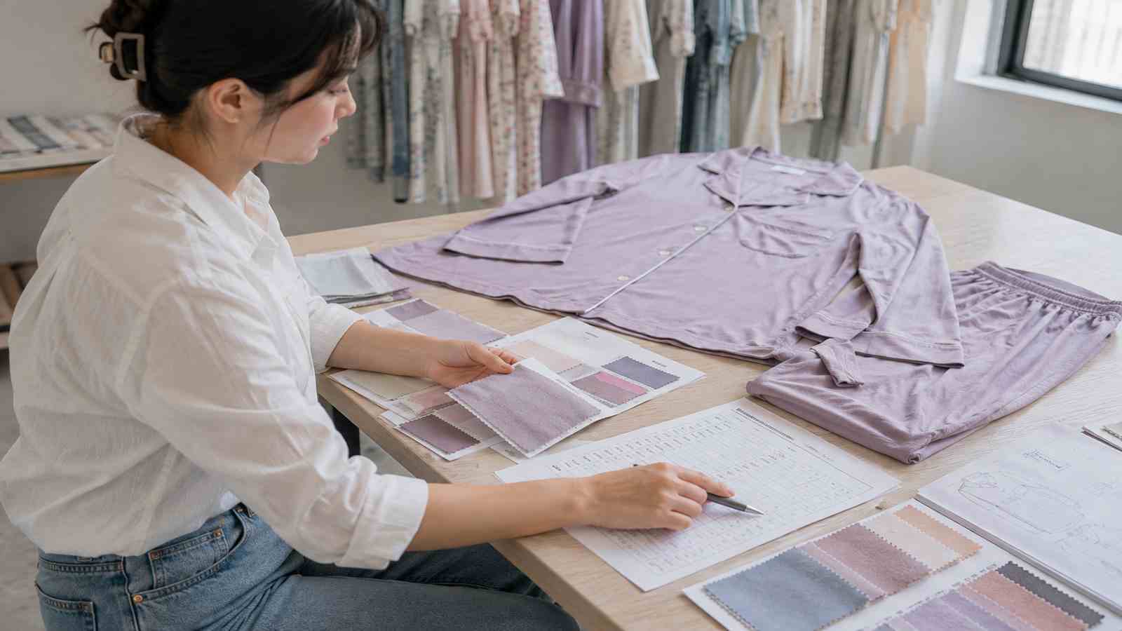 Custom pajama MOQ planning with sleepwear samples fabric colors and production quantity review