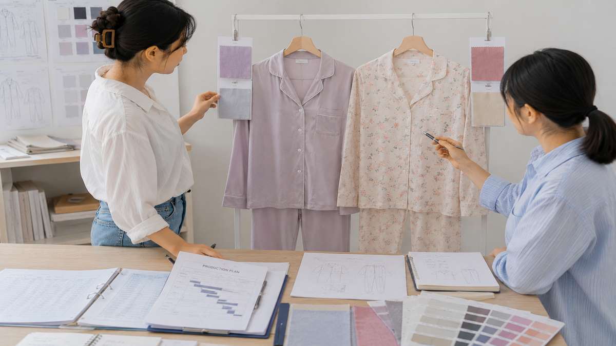 Sleepwear brand planning styles colors and order quantities for a custom pajama collection