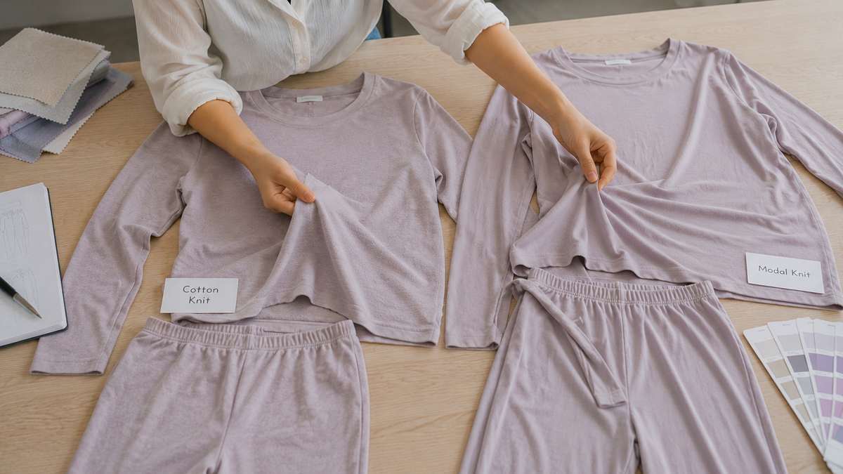 Cotton and modal pajama samples compared for hand feel drape and garment silhouette