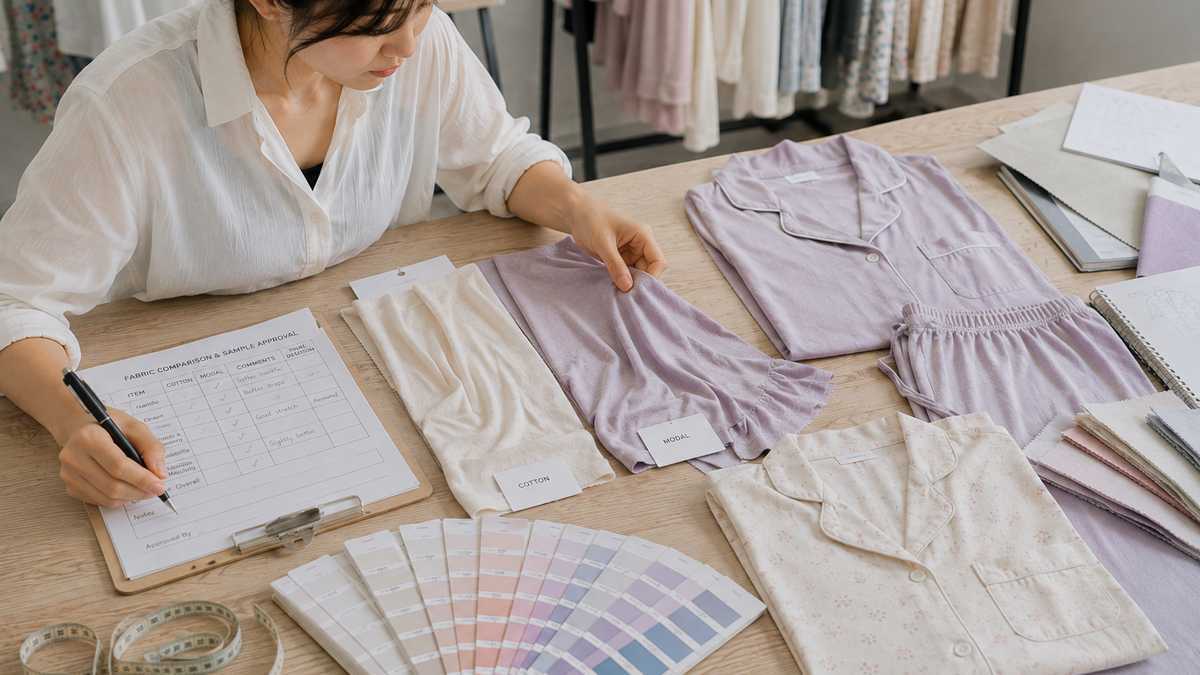 Sleepwear product developer comparing cotton and modal fabrics before approving a pajama sample
