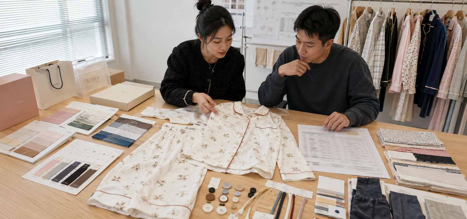 Custom pajama manufacturing cost review with fabric trims labels packaging and garment sample