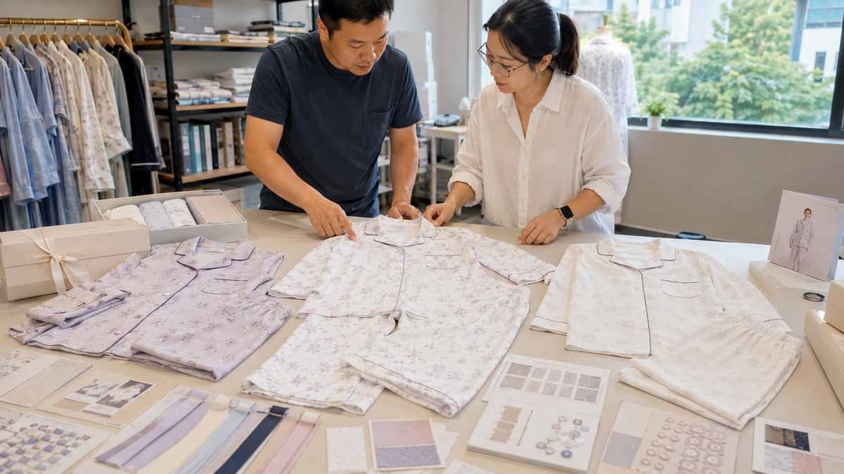 Sleepwear product developer optimizing pajama colors trims and packaging while protecting fabric and product quality