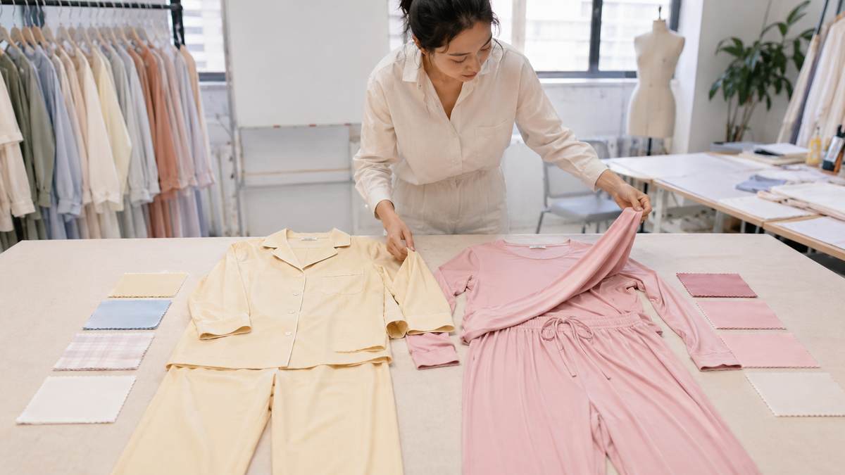 Structured woven pajamas and fluid knit loungewear compared during sleepwear fabric selection
