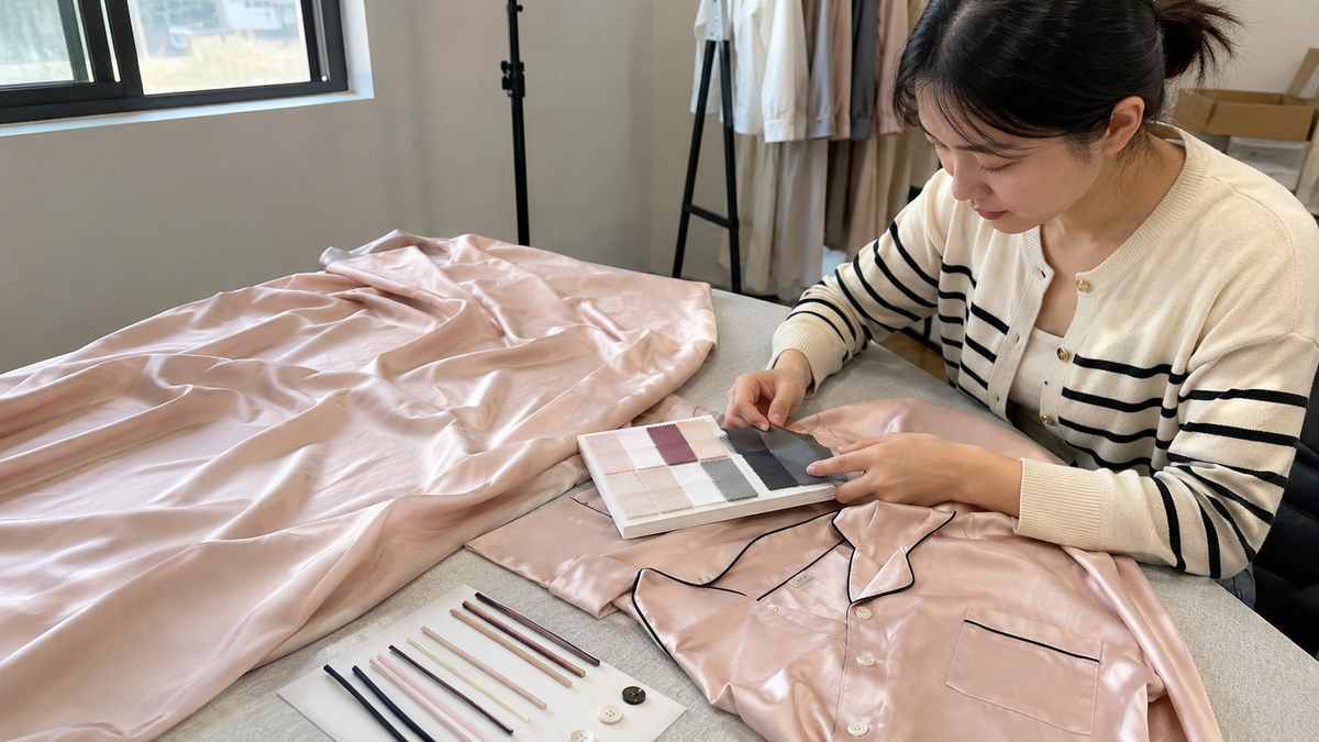 Satin woven fabric reviewed with a classic button front pajama sample during product development