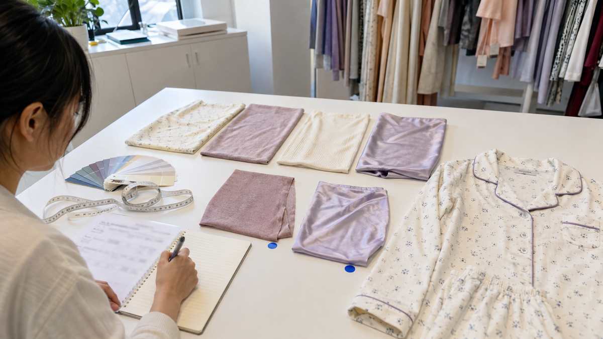 Sleepwear product developer comparing pajama fabric swatches before final sample selection
