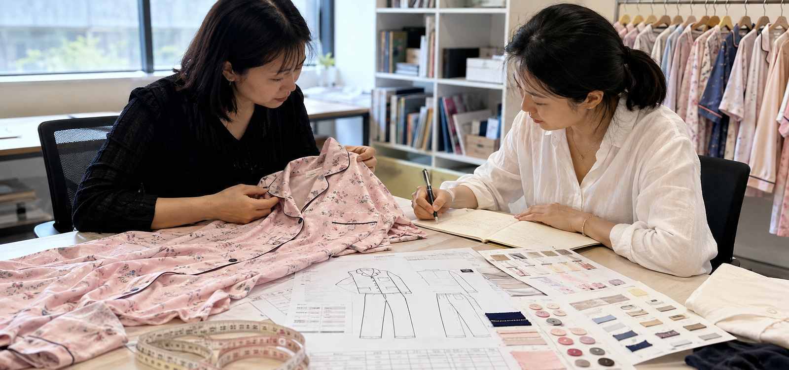 Sleepwear product team reviewing pajama sample requirements fabrics measurements and customization before sampling
