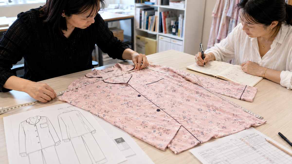 Pajama tech pack and garment measurements reviewed with a manufacturer before sample development