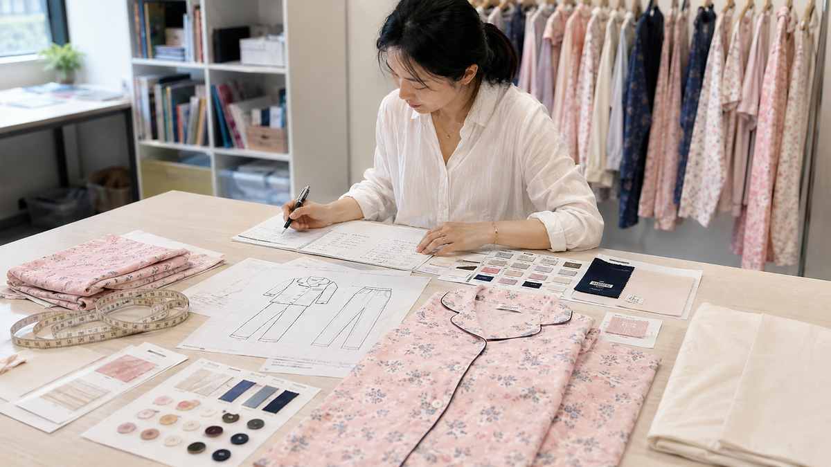 Pajama manufacturer reviewing fabric options colors and MOQ requirements before sample development