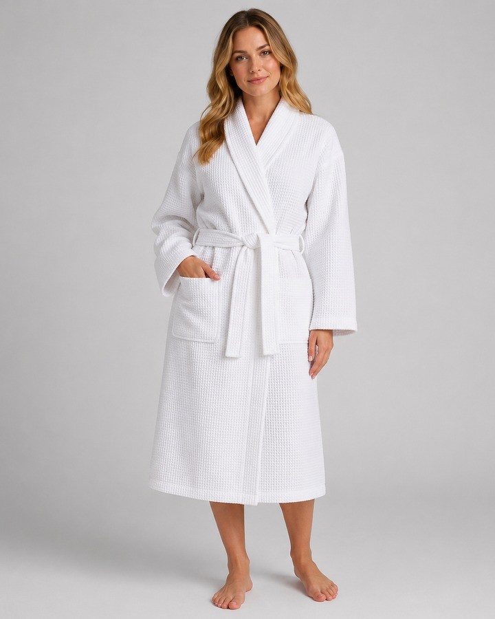 Model wearing a white waffle weave women's bathrobe with a shawl collar and self-tie belt