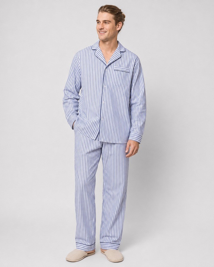 Model wearing a blue and white striped men's cotton pajama set with a button-front shirt and matching pants