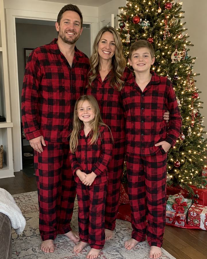 Family of four wearing matching red and black buffalo plaid flannel pajamas beside a Christmas tree with wrapped gifts