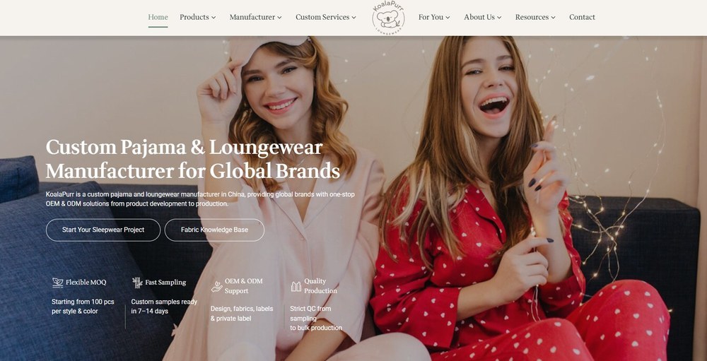 KoalaPurr official website homepage - custom pajama and loungewear manufacturer for global brands