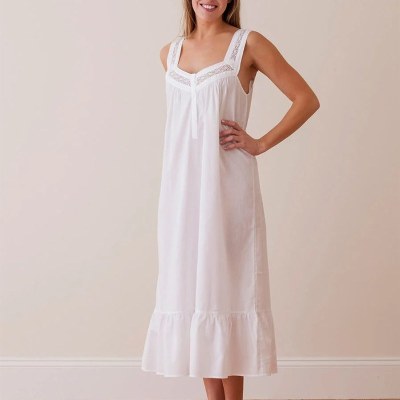 White Cotton Sleeveless Nightgown | Lace Trim Ruffle Hem Sleep Dress