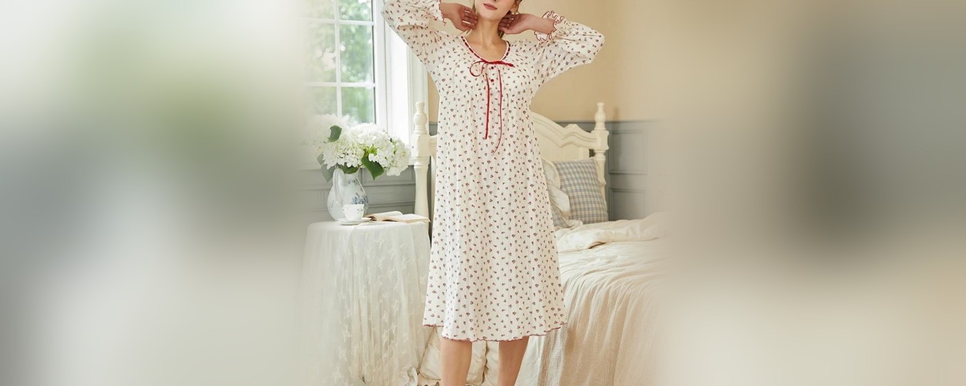 Cottagecore floral cotton nightgown with ribbon trim front tie neckline and long puff sleeves for private label sleepwear