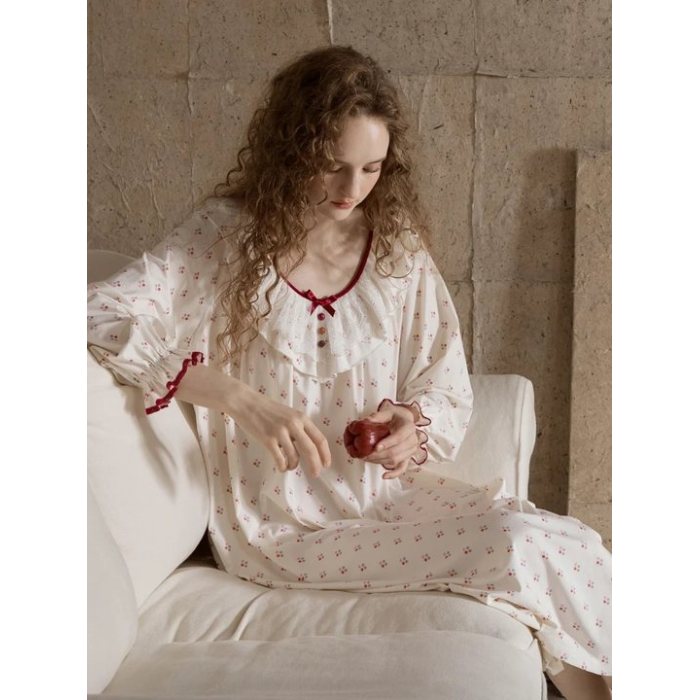 Cottagecore Floral Cotton Nightgown | Lace Ruffle Collar Sleep Dress