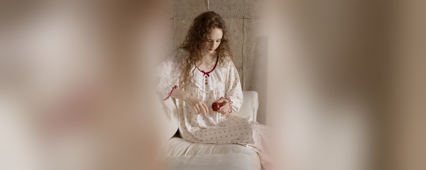 Cottagecore floral cotton nightgown with a lace ruffle collar red piping and long puff sleeves for private label sleepwear