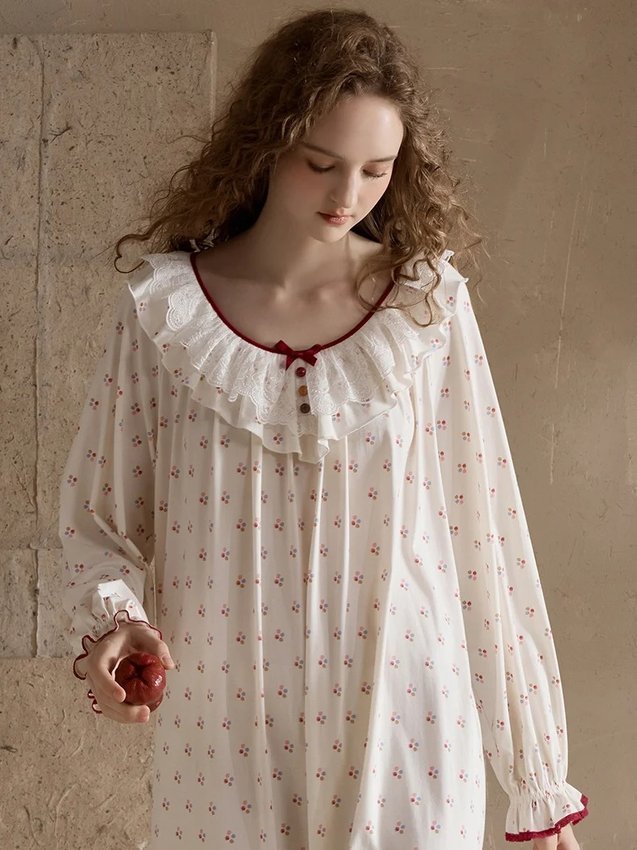 Lace ruffle collar with red piping, front bow and wooden buttons on a cottagecore floral cotton nightgown