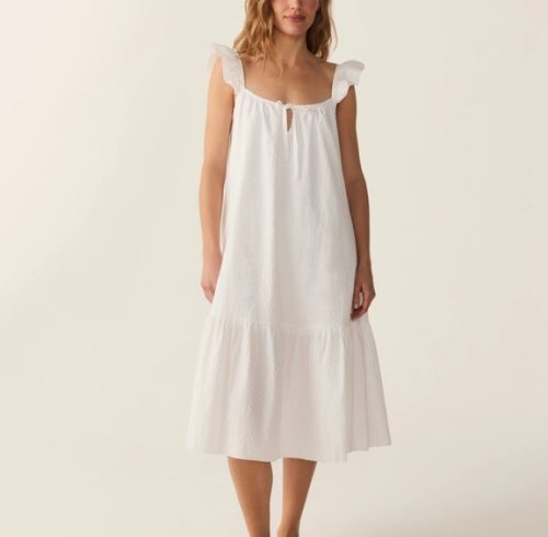 White Swiss Dot Cotton Nightgown | Ruffle Sleeve Tiered Sleep Dress