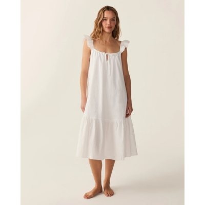 White Swiss Dot Cotton Nightgown | Ruffle Sleeve Tiered Sleep Dress
