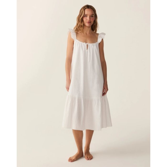 White Swiss Dot Cotton Nightgown | Ruffle Sleeve Tiered Sleep Dress