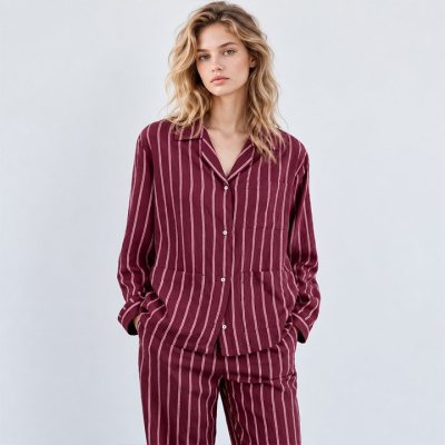 Burgundy Striped Cotton Pajama Set Supplier | Long Sleeve Notch Collar Sleepwear
