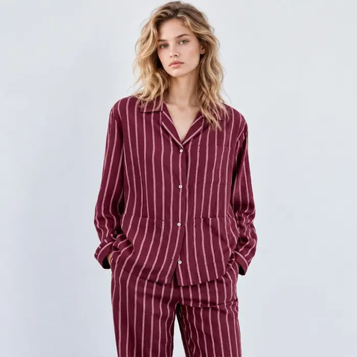 Burgundy Striped Cotton Pajama Set