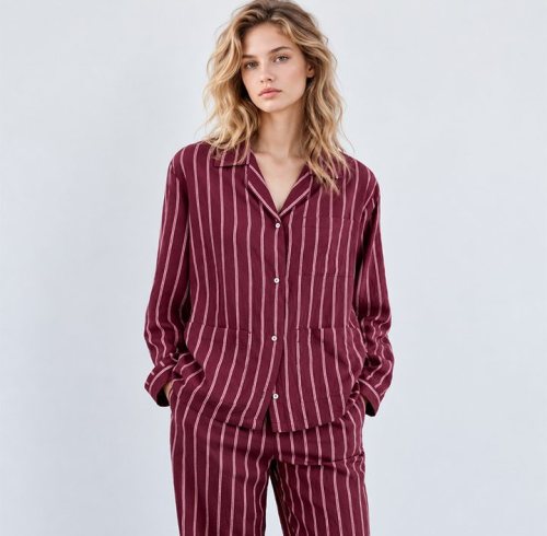 Burgundy Striped Cotton Pajama Set Supplier | Long Sleeve Notch Collar Sleepwear