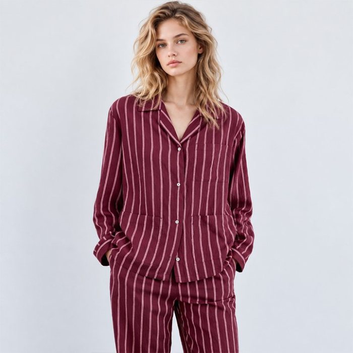 Burgundy Striped Cotton Pajama Set Supplier | Long Sleeve Notch Collar Sleepwear