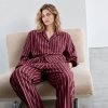 Burgundy Striped Cotton Pajama Set Supplier | Long Sleeve Notch Collar Sleepwear