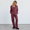 Burgundy Striped Cotton Pajama Set Supplier | Long Sleeve Notch Collar Sleepwear