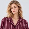 Burgundy Striped Cotton Pajama Set Supplier | Long Sleeve Notch Collar Sleepwear