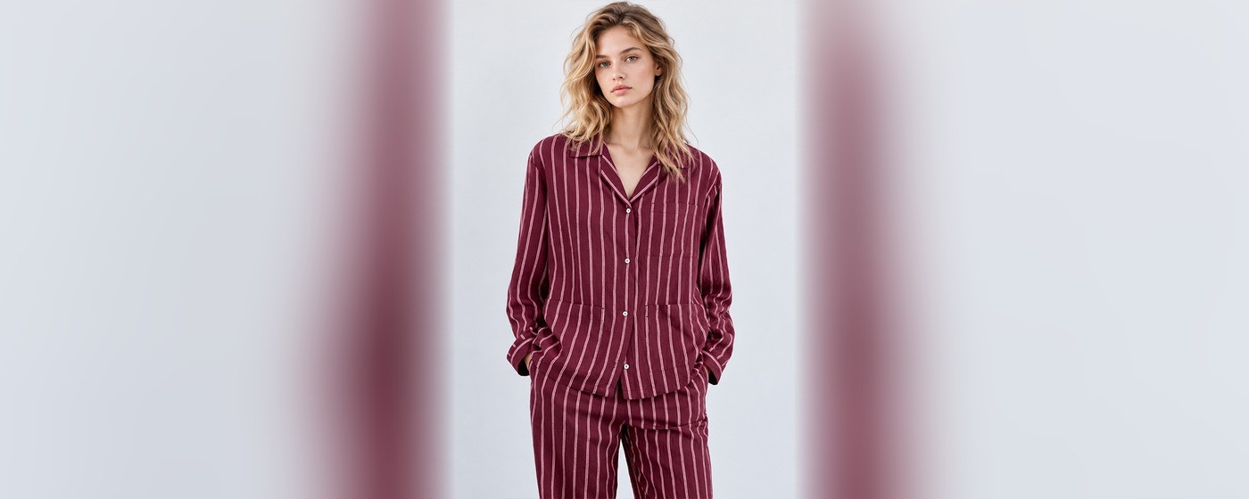 Burgundy striped cotton pajama set with a long sleeve notch collar shirt and patch pockets for private label sleepwear