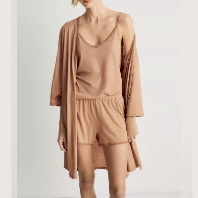 Camel 3-Piece Viscose Knit Lounge Set Supplier | Robe, Cami & Shorts Sleepwear