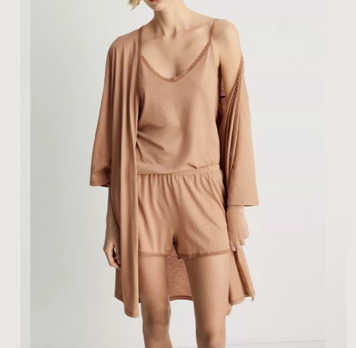 Camel 3-Piece Viscose Knit Lounge Set Supplier | Robe, Cami & Shorts Sleepwear